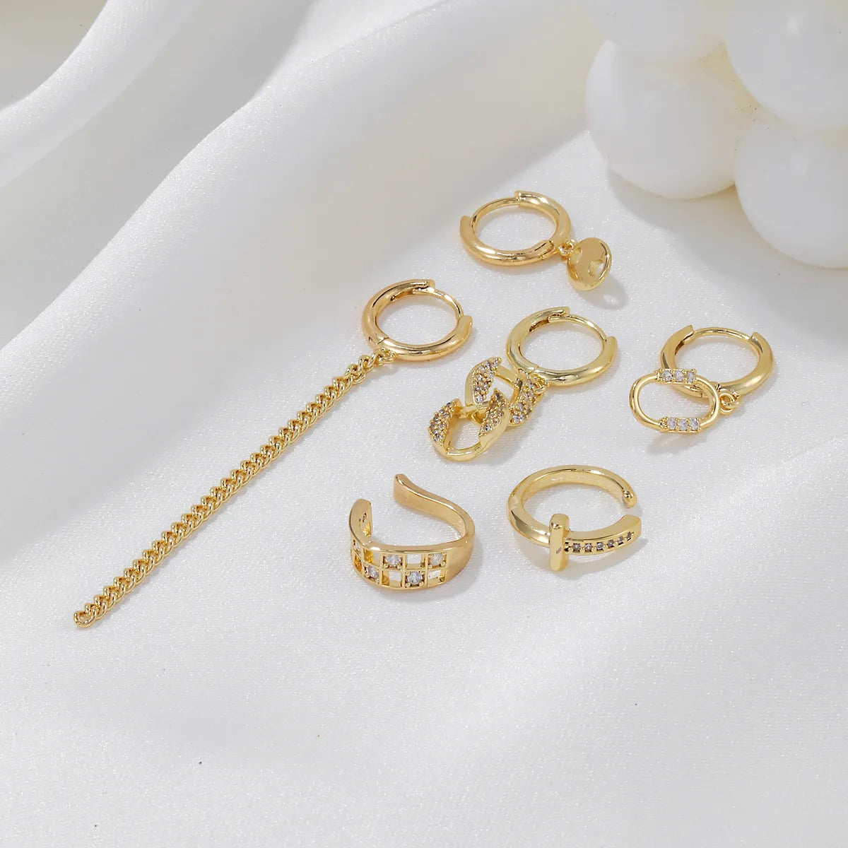 6 Pieces Sweet Simple Style Geometric Chain Inlay Brass Zircon 18K Gold Plated Drop Earrings Earrings