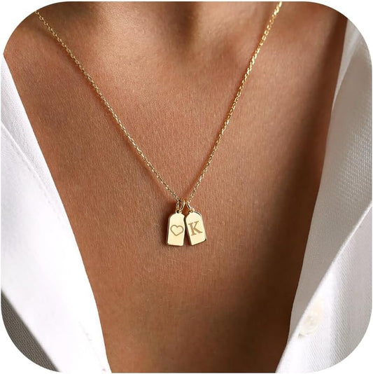 Turandoss Gold Initial Necklaces for Women, 14K Gold Plated Dainty Gold Necklace Heart Initial Necklace Personalized Initial Tag Pendant Necklaces for Women Trendy Jewelry Gifts