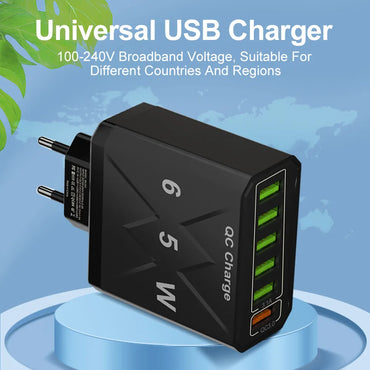 65w Fast Charging Mobile Phone Charger 3.1a Type-C Pd 3usb Multi-Port Travel Charger Charging Plug