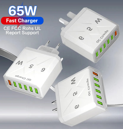 65w Fast Charging Mobile Phone Charger 3.1a Type-C Pd 3usb Multi-Port Travel Charger Charging Plug