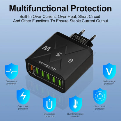 65w Fast Charging Mobile Phone Charger 3.1a Type-C Pd 3usb Multi-Port Travel Charger Charging Plug