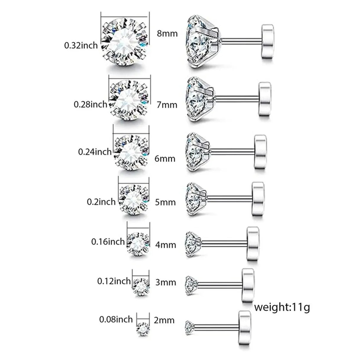 7 Pairs Elegant Cute Shiny Solid Color Inlay Stainless Steel Zircon Ear Studs