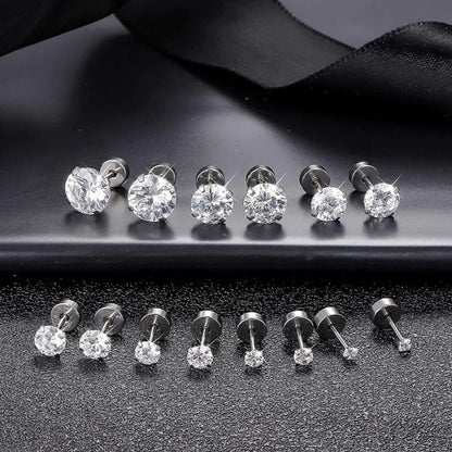 7 Pairs Elegant Cute Shiny Solid Color Inlay Stainless Steel Zircon Ear Studs