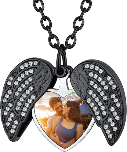 Personalized Heart Locket Necklace with Pictures,Sunflower/Angel Wings/Heart Shaped Lockets Custom Photo,Gold/Rose Gold/White Lockets That Holds Picture,Customized Memorial Jewelry for Women