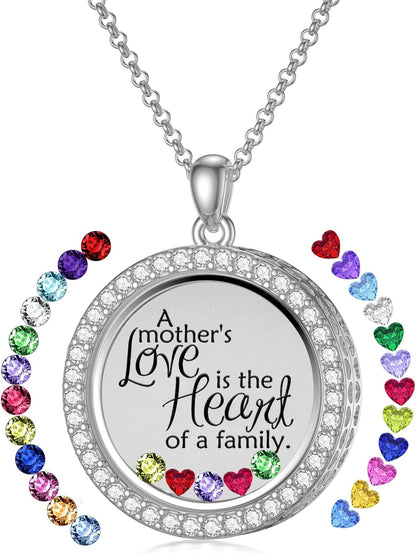 Heart/Round Floating Locket Necklace That Holds Birthstones/Pictures/Hair Locket Living Flower DIY Floating Charm Memory Mother Gift for Women Personalize Inscription