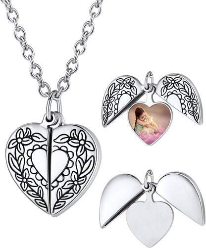 Personalized Heart Locket Necklace with Pictures,Sunflower/Angel Wings/Heart Shaped Lockets Custom Photo,Gold/Rose Gold/White Lockets That Holds Picture,Customized Memorial Jewelry for Women