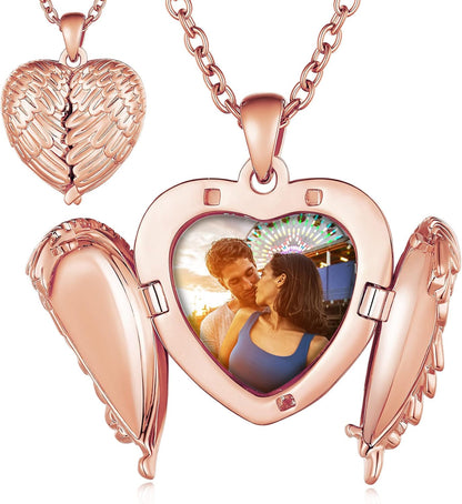 Personalized Heart Locket Necklace with Pictures,Sunflower/Angel Wings/Heart Shaped Lockets Custom Photo,Gold/Rose Gold/White Lockets That Holds Picture,Customized Memorial Jewelry for Women