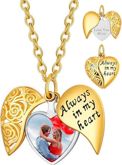 Personalized Heart Locket Necklace with Pictures,Sunflower/Angel Wings/Heart Shaped Lockets Custom Photo,Gold/Rose Gold/White Lockets That Holds Picture,Customized Memorial Jewelry for Women