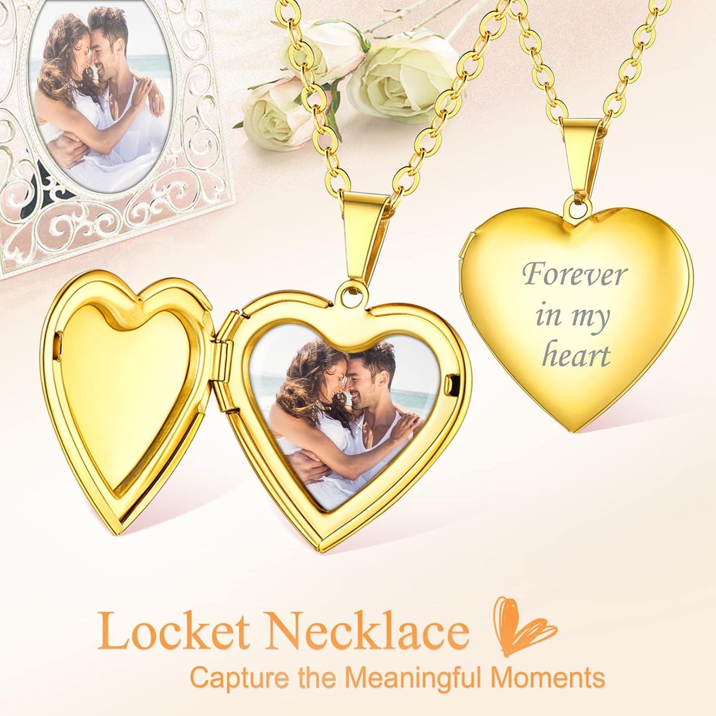 Personalized Heart Locket Necklace with Pictures,Sunflower/Angel Wings/Heart Shaped Lockets Custom Photo,Gold/Rose Gold/White Lockets That Holds Picture,Customized Memorial Jewelry for Women