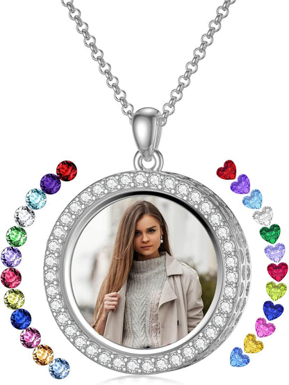 Heart/Round Floating Locket Necklace That Holds Birthstones/Pictures/Hair Locket Living Flower DIY Floating Charm Memory Mother Gift for Women Personalize Inscription