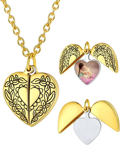 Personalized Heart Locket Necklace with Pictures,Sunflower/Angel Wings/Heart Shaped Lockets Custom Photo,Gold/Rose Gold/White Lockets That Holds Picture,Customized Memorial Jewelry for Women