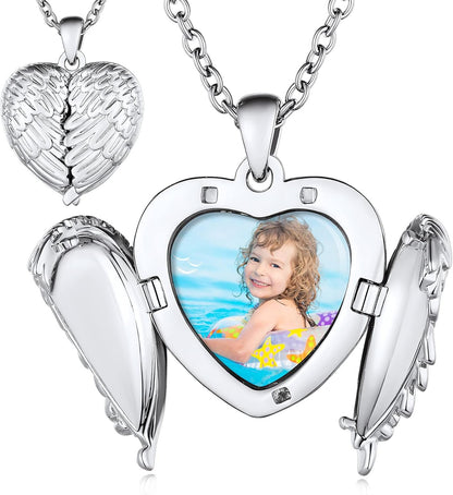 Personalized Heart Locket Necklace with Pictures,Sunflower/Angel Wings/Heart Shaped Lockets Custom Photo,Gold/Rose Gold/White Lockets That Holds Picture,Customized Memorial Jewelry for Women