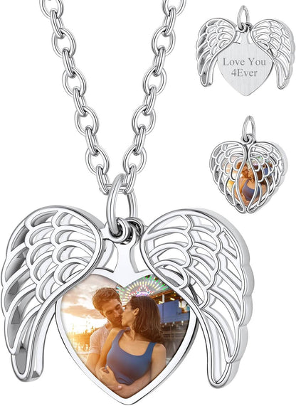 Personalized Heart Locket Necklace with Pictures,Sunflower/Angel Wings/Heart Shaped Lockets Custom Photo,Gold/Rose Gold/White Lockets That Holds Picture,Customized Memorial Jewelry for Women