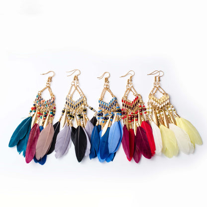 Wholesale Jewelry 1 Pair Bohemian Water Droplets Tassel Feather Alloy Feather Drop Earrings