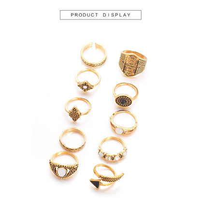 Retro Arrow Eyes Geometric Diamond Dripping Oil Ring 10-piece Set