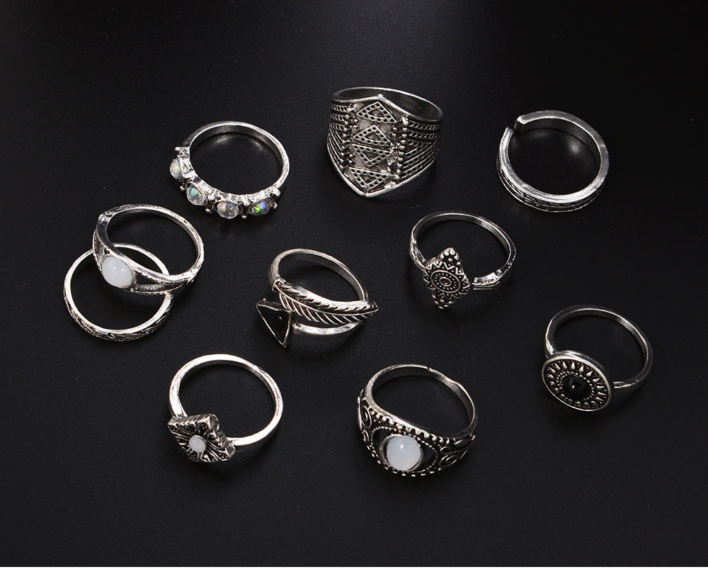 Retro Arrow Eyes Geometric Diamond Dripping Oil Ring 10-piece Set