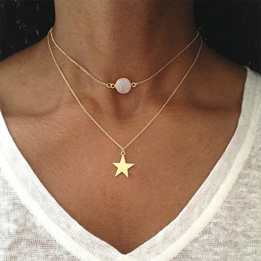 Fashion Two-layer Pendant Necklace Creative Five-pointed Star Frosted Gemstone Multi-layer Necklace Women