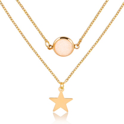 Fashion Two-layer Pendant Necklace Creative Five-pointed Star Frosted Gemstone Multi-layer Necklace Women