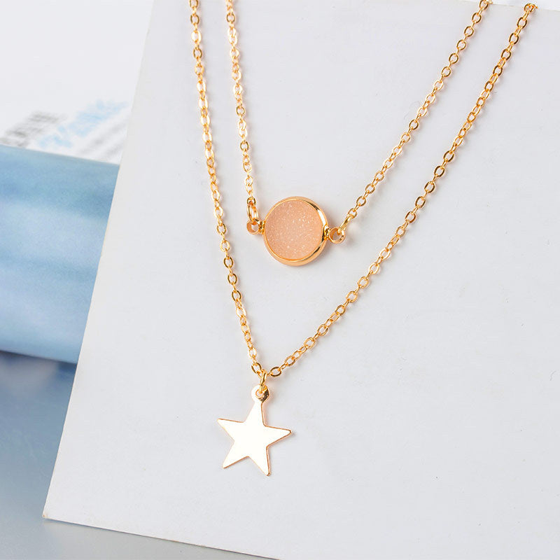 Fashion Two-layer Pendant Necklace Creative Five-pointed Star Frosted Gemstone Multi-layer Necklace Women