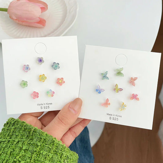 8 Pieces Sweet Flower Butterfly Epoxy Plastic Ear Studs