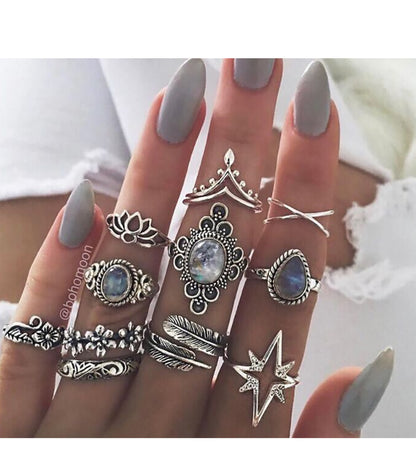 Retro Diamond Engraved Starry Sky Gemstone Lotus Starlight Feather Ring 11-piece Set