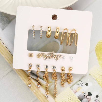 9 Pairs Elegant Shiny Tassel Heart Shape Butterfly Plating Inlay Imitation Pearl Alloy Artificial Gemstones Artificial Pearls Rhinestones Gold Plated Silver Plated Earrings