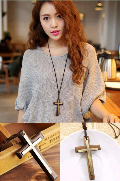 Fashion Cross Wood Unisex Pendant Necklace Long Necklace