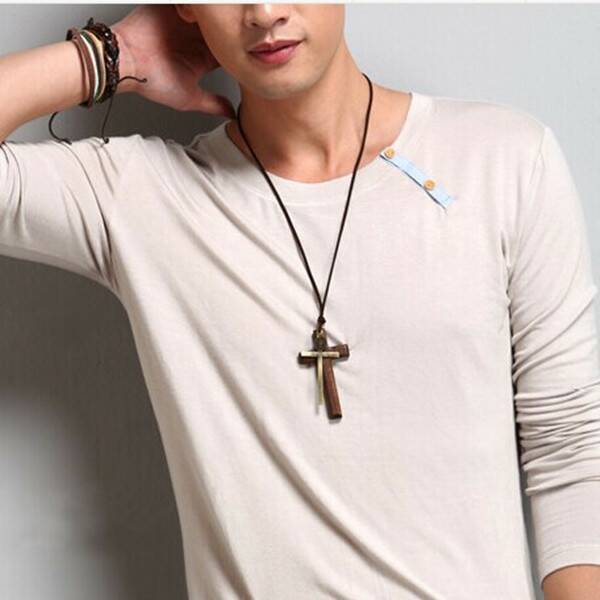 Fashion Cross Wood Unisex Pendant Necklace Long Necklace