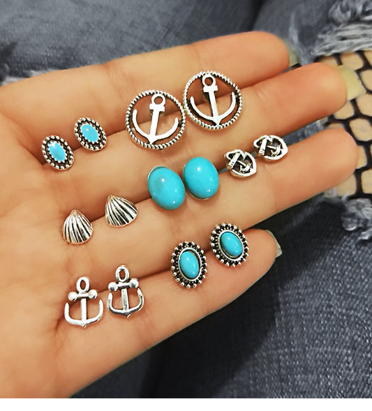 Fashion Alloy Stud Earrings Anchor Shell Inlaid Turquoise 7 Pairs Set