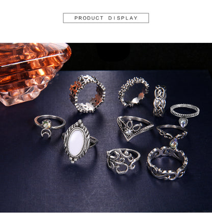 Fashion New Style Opal Diamond Crescent Flower Geometric Ring Set