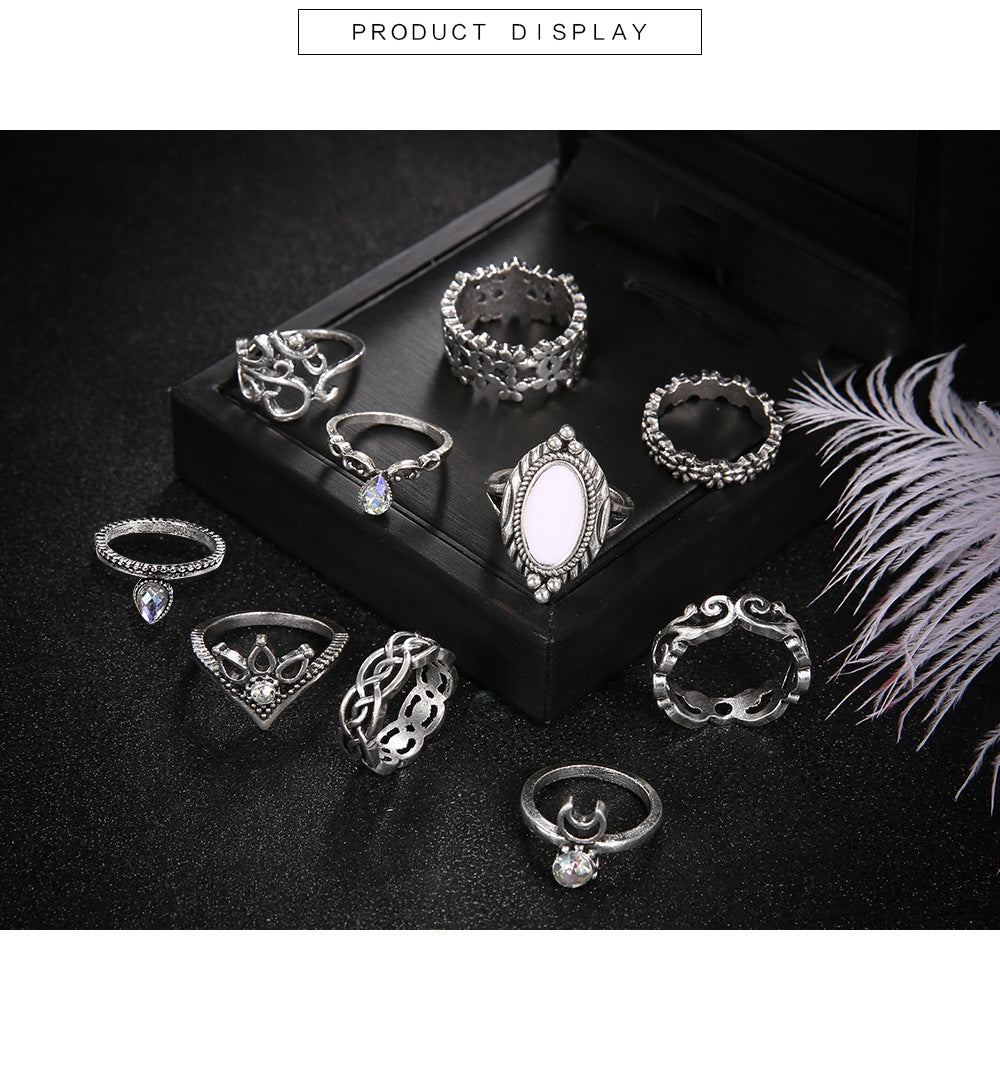 Fashion New Style Opal Diamond Crescent Flower Geometric Ring Set