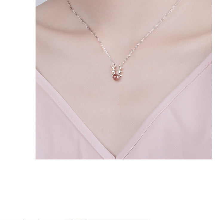 Copper White Gold Plated IG Style Sweet Inlay Deer Crystal Pendant Necklace