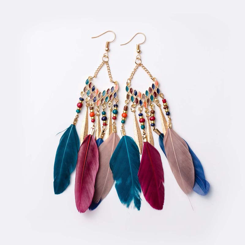 Wholesale Jewelry 1 Pair Bohemian Water Droplets Tassel Feather Alloy Feather Drop Earrings