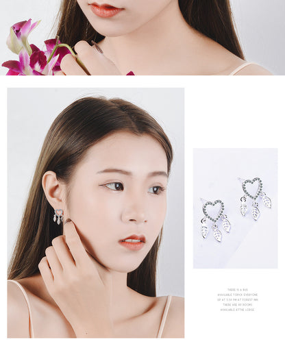 1 Pair Sweet Leaves Heart Shape Plating Hollow Out Inlay Copper Zircon Silver Plated Drop Earrings