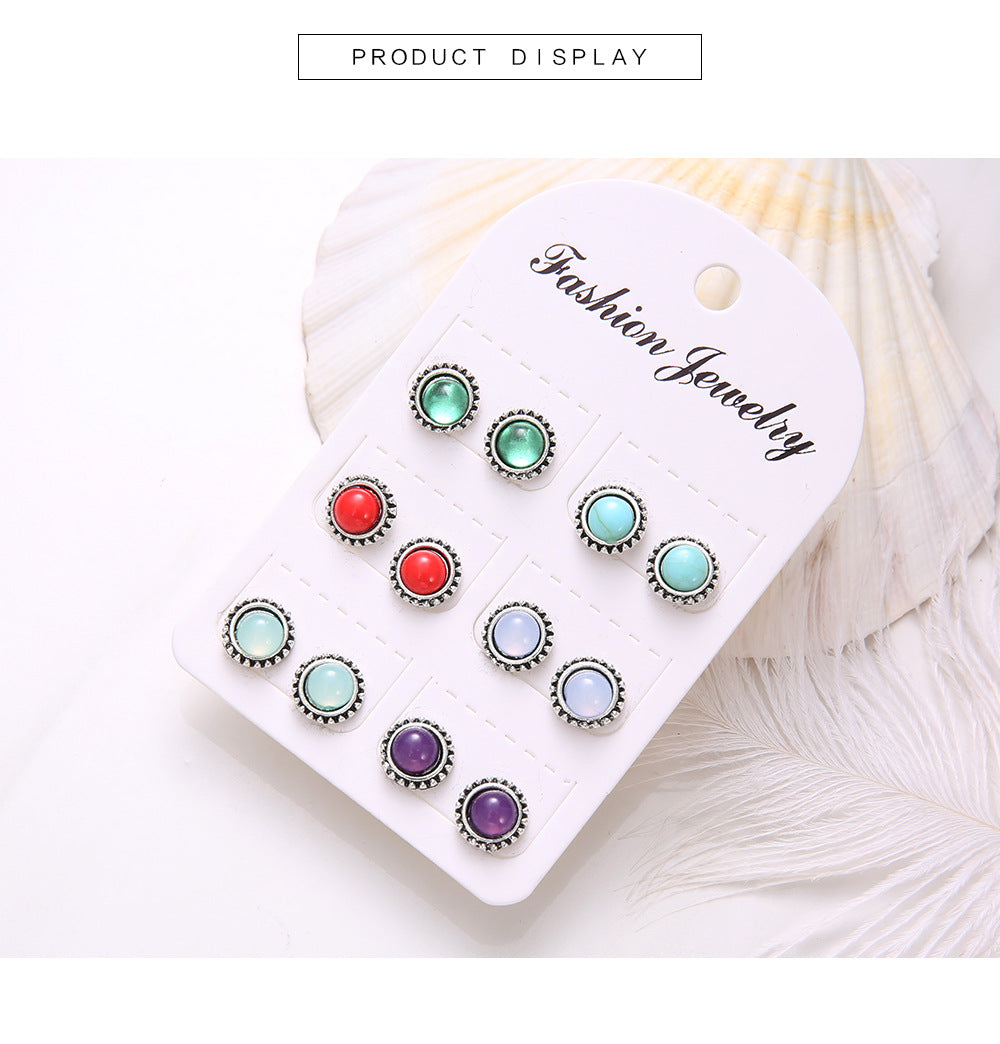 Fashion Round Gemstone Earrings Multicolor 6 Pairs Of Earrings Set