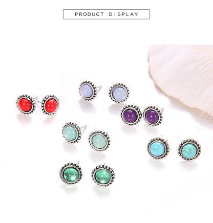 Fashion Round Gemstone Earrings Multicolor 6 Pairs Of Earrings Set