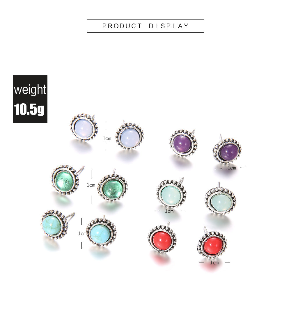 Fashion Round Gemstone Earrings Multicolor 6 Pairs Of Earrings Set