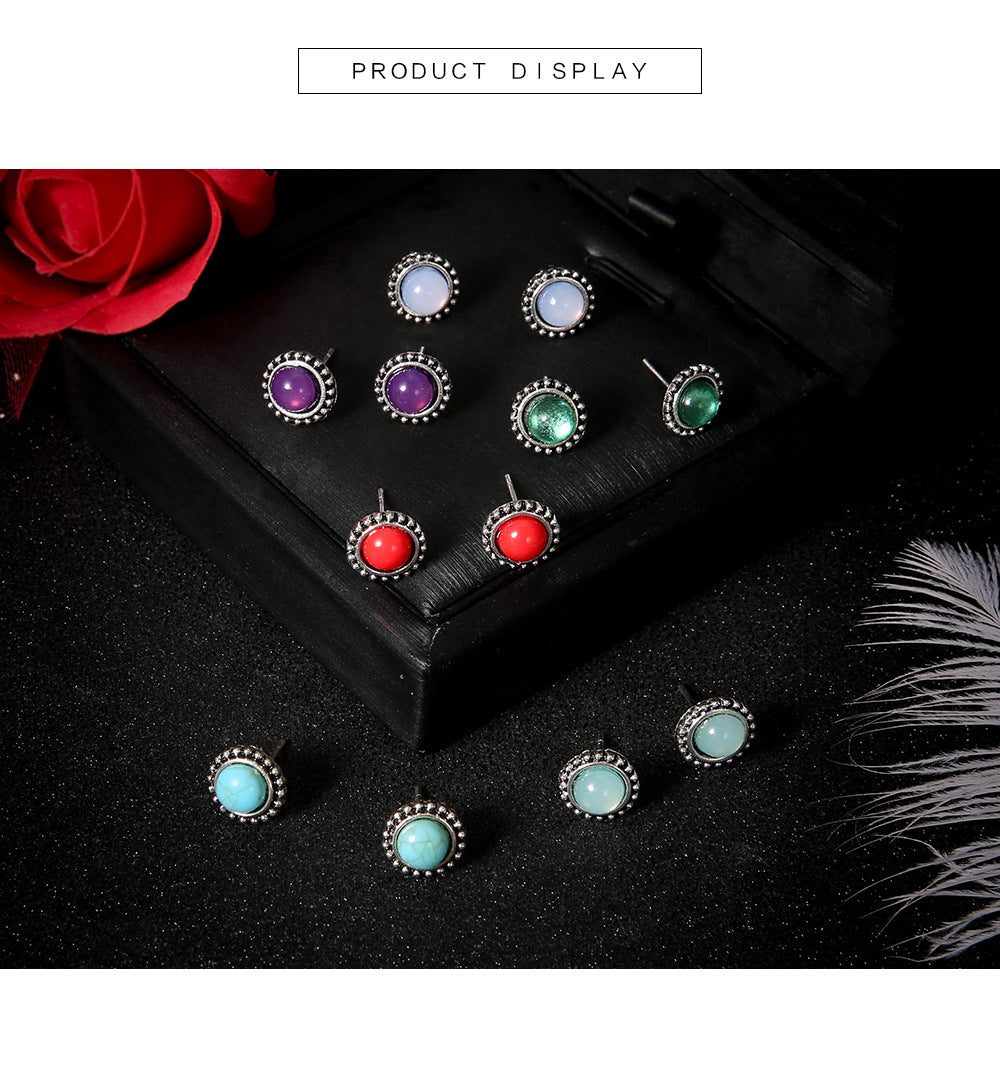 Fashion Round Gemstone Earrings Multicolor 6 Pairs Of Earrings Set