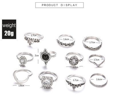 Fashion Geometric Water Drop Diamond Glass Crystal Moon Crown 11 Piece Set Ring