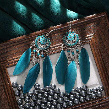 Creative Sun Flower Tassel Feather Long Tassel Drop Earrings Wholesale