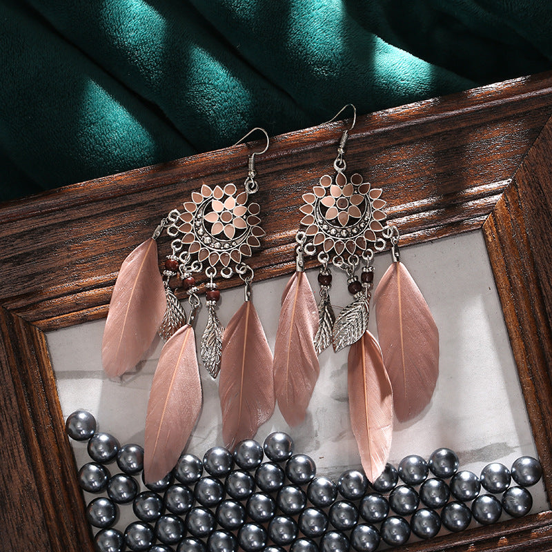 Creative Sun Flower Tassel Feather Long Tassel Drop Earrings Wholesale