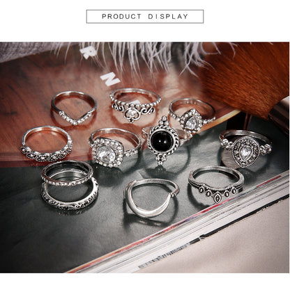 Fashion Geometric Water Drop Diamond Glass Crystal Moon Crown 11 Piece Set Ring