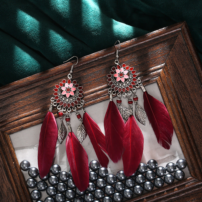 Creative Sun Flower Tassel Feather Long Tassel Drop Earrings Wholesale