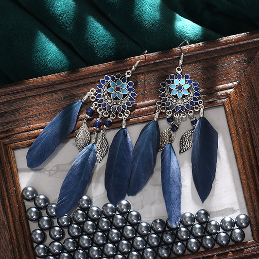 Creative Sun Flower Tassel Feather Long Tassel Drop Earrings Wholesale