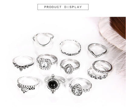 Fashion Geometric Water Drop Diamond Glass Crystal Moon Crown 11 Piece Set Ring