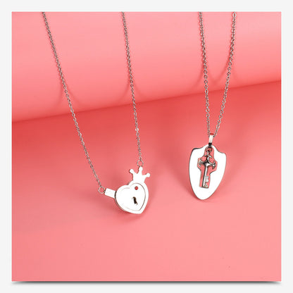 Romantic Simple Style Heart Shape Key Lock Titanium Steel Pendant Necklace