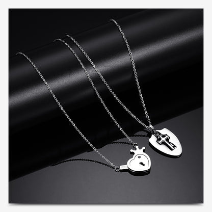 Romantic Simple Style Heart Shape Key Lock Titanium Steel Pendant Necklace