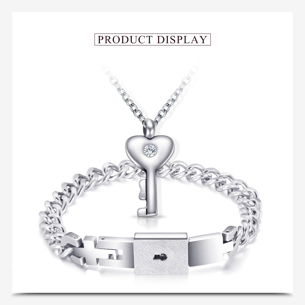 Fashion Creative Couple Lock Titanium Steel Bracelet Necklace Suit