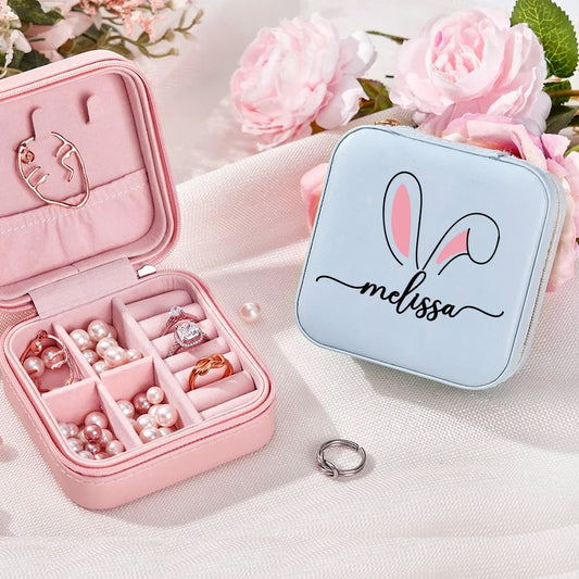 Personalized Cute Rabbit Ears Pattern Leather Jewelry Box with Name Water Proof Portable Birthday Easter Gift for Women Girls