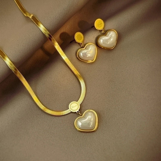 Elegant Simple Style Heart Shape Titanium Steel Plating Inlay Artificial Pearls 18k Gold Plated Earrings Necklace